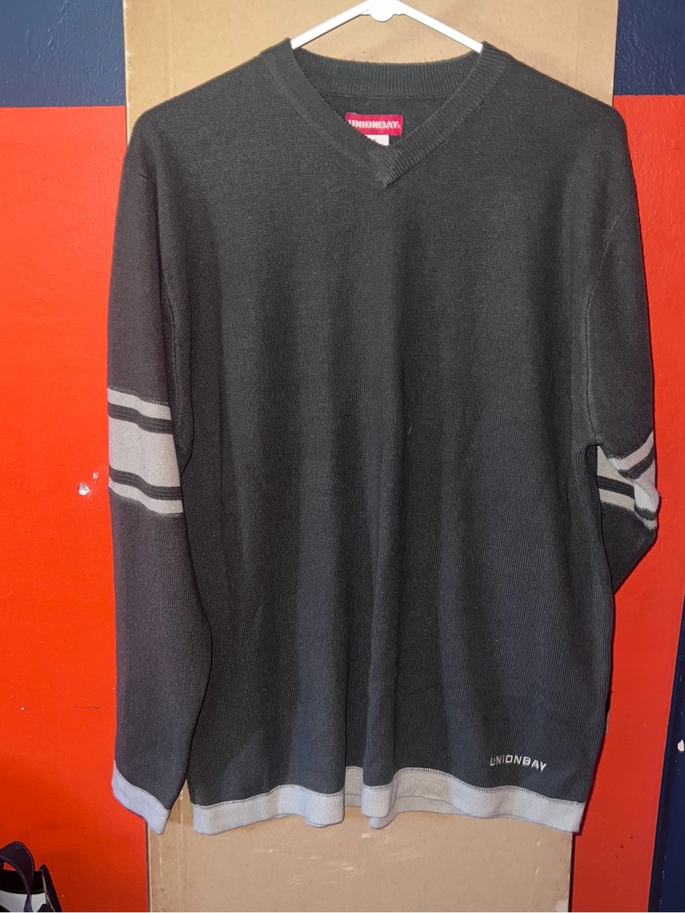 UNIONBAY Black V-Neck Sweater with Gray Stripes